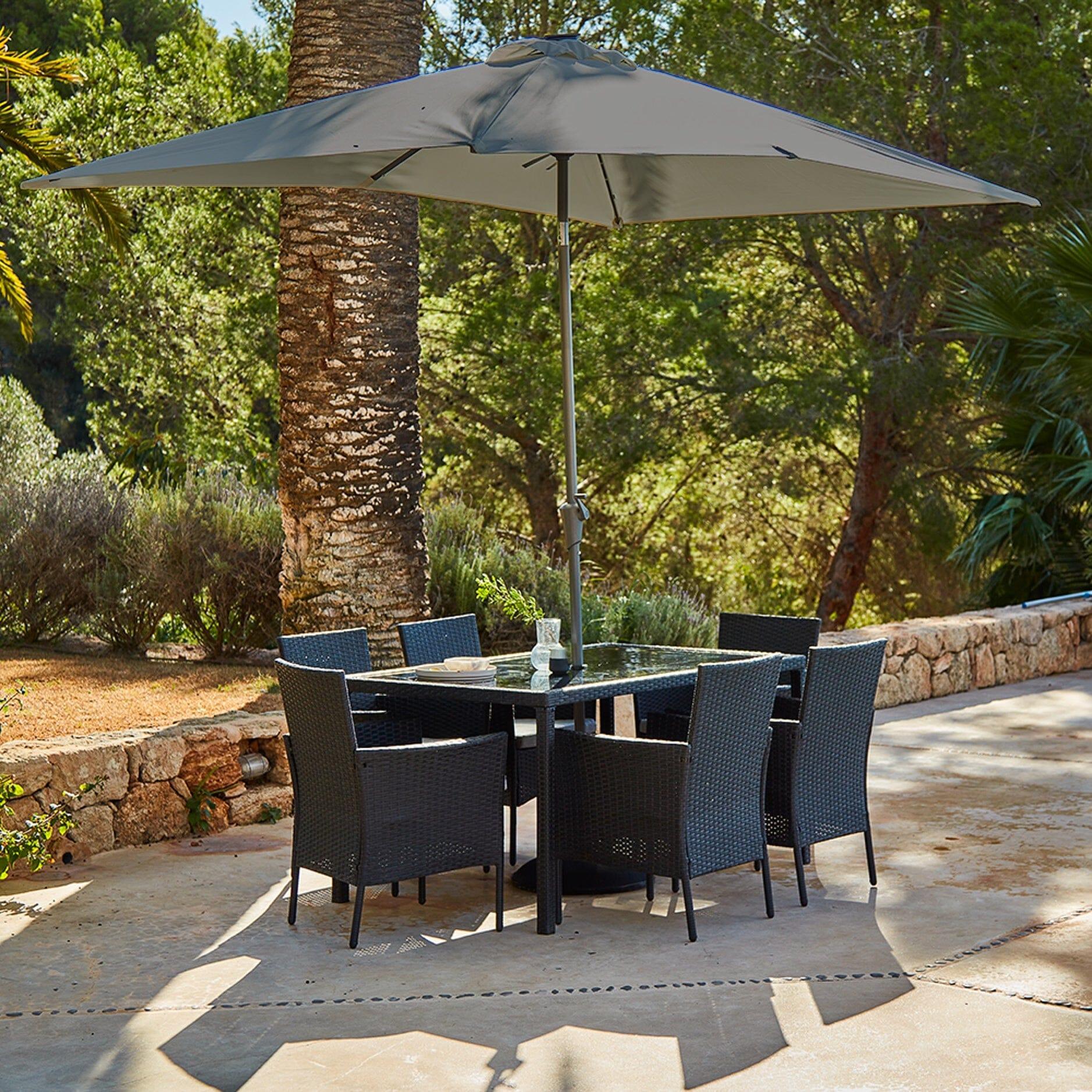 Marston 6 Seater Rattan Garden Dining Set Grey Parasol Glass Top