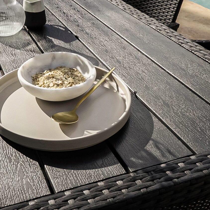 Marston 6 Seater Rattan Outdoor Dining Set with Grey Parasol - Rattan Garden Furniture - Black - Polywood Top - Laura James