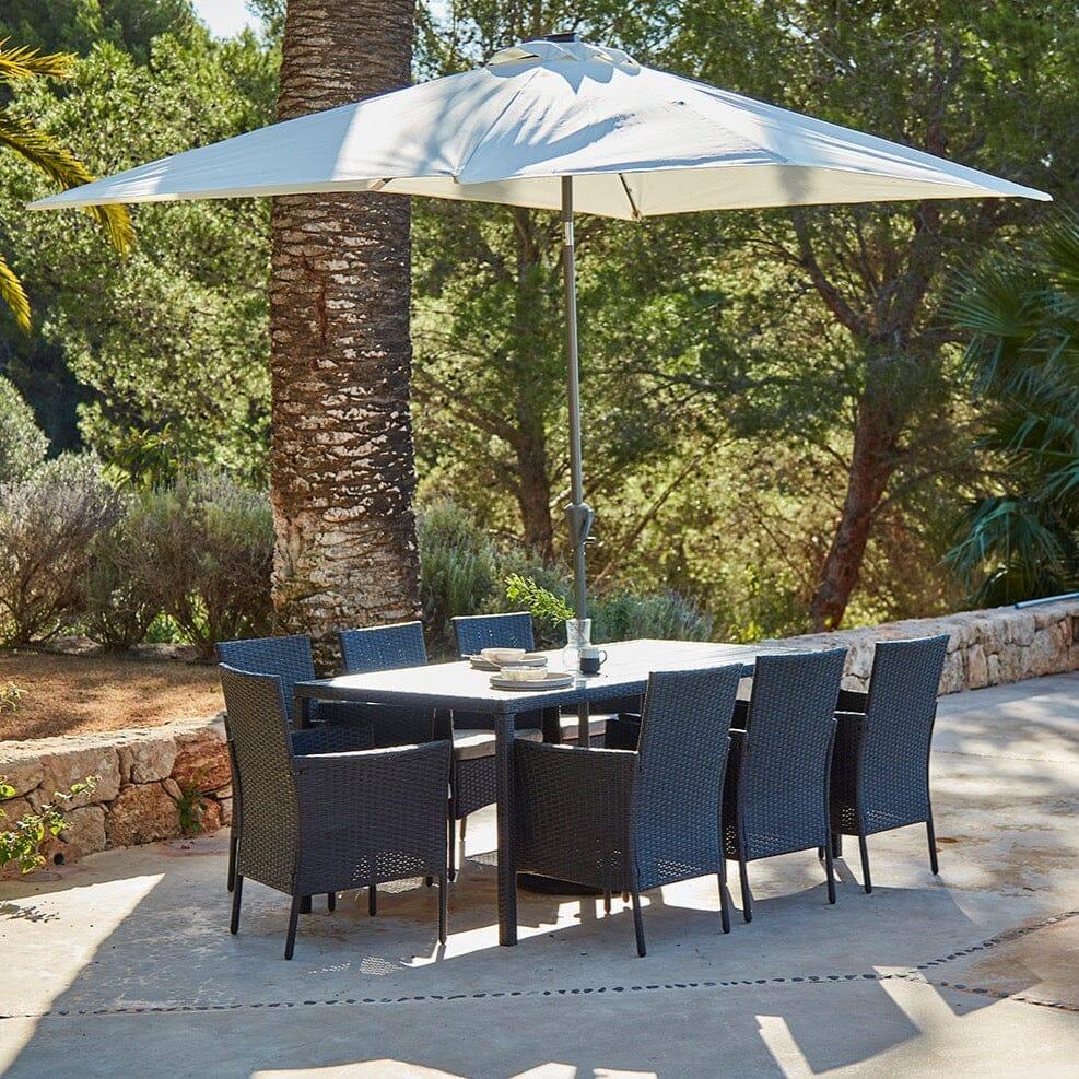 Marston 8 Seater Rattan Outdoor Dining Set with Cream LED Premium Parasol - Rattan Garden Furniture - Black - Polywood Top - Laura James