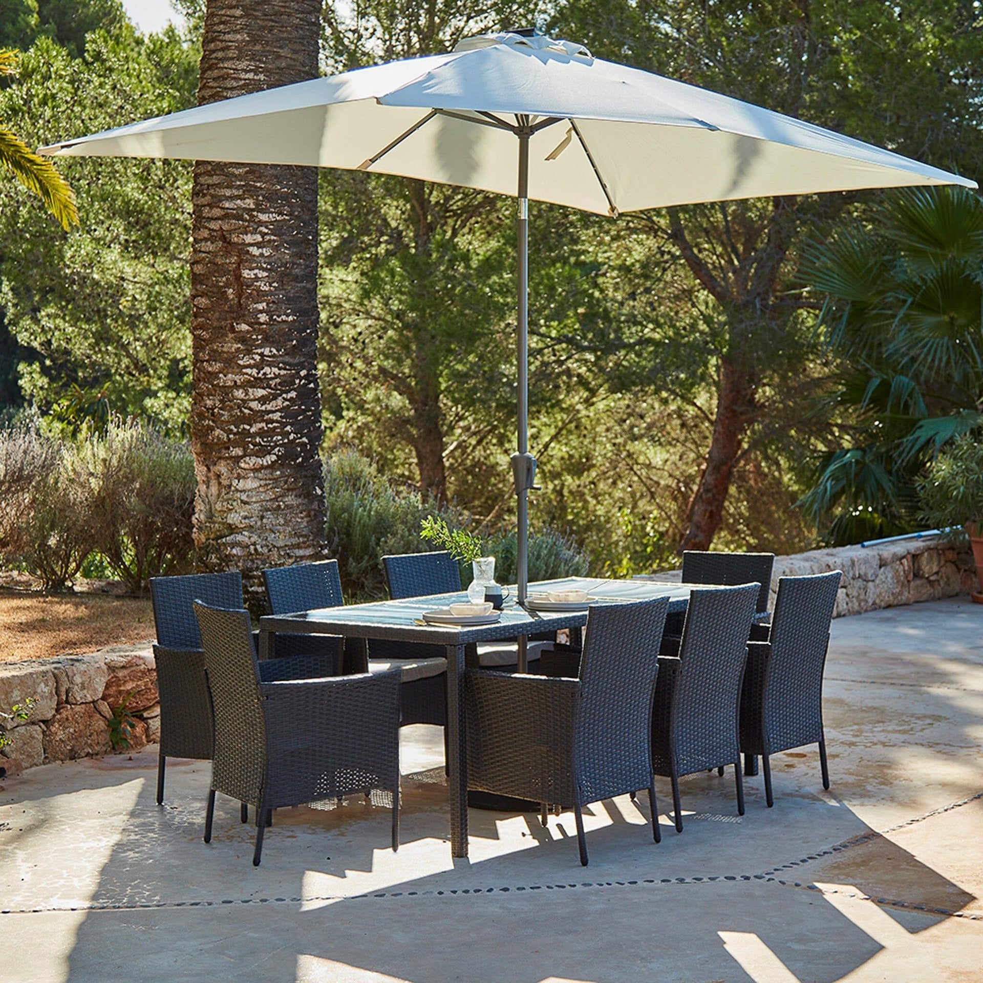 Marston 8 Seater Rattan Garden Dining Set Cream Parasol Glass Top