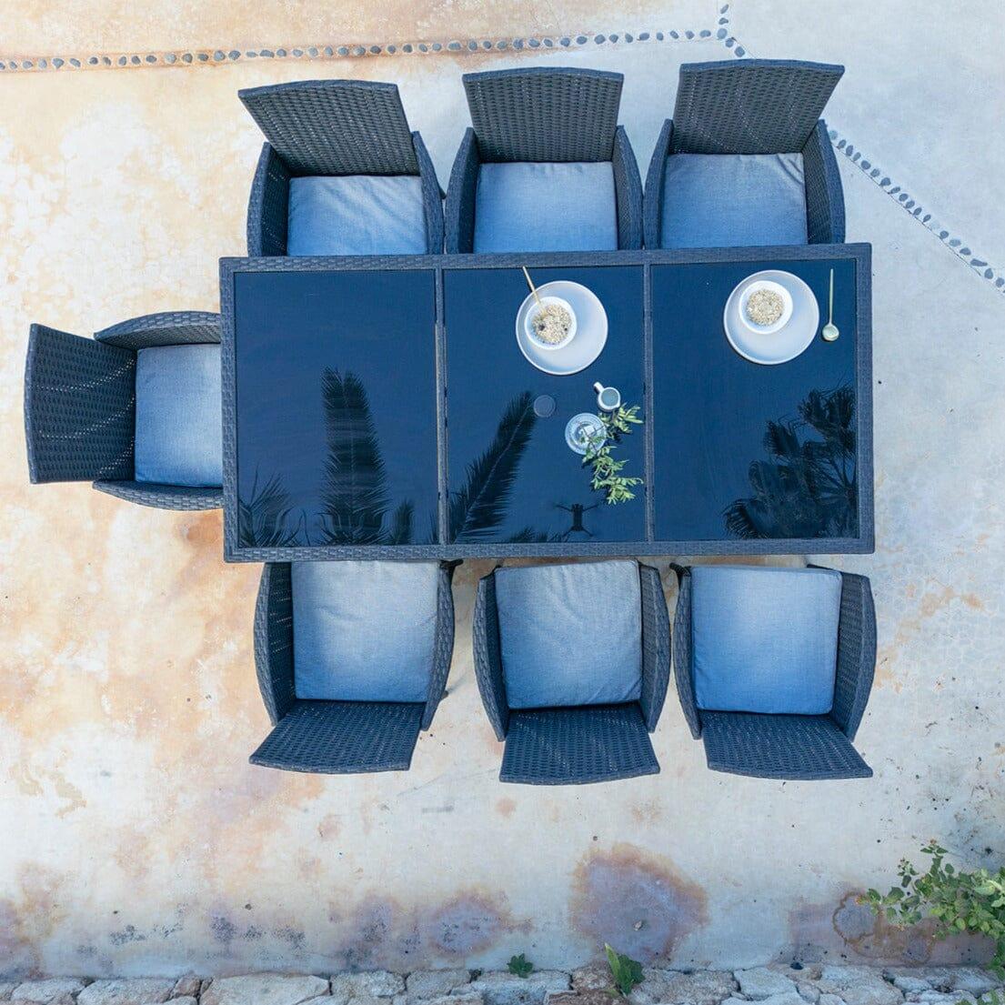 Marston 8 Seater Rattan Outdoor Dining Set with Cream Parasol - Rattan Garden Furniture - Black - Glass Top - Laura James