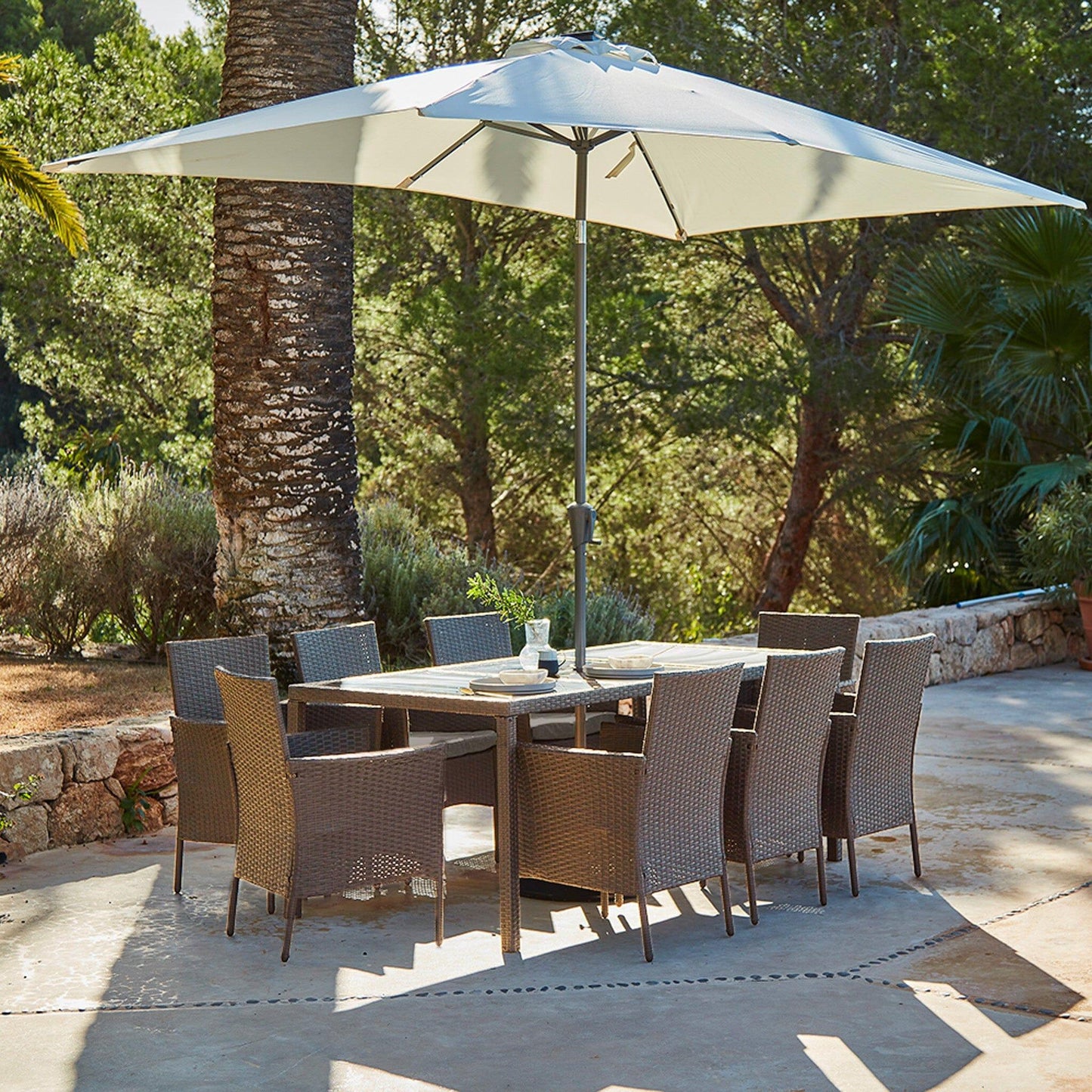 Marston 8 Seater Natural Rattan Dining Set with Cream LED Parasol - Laura James