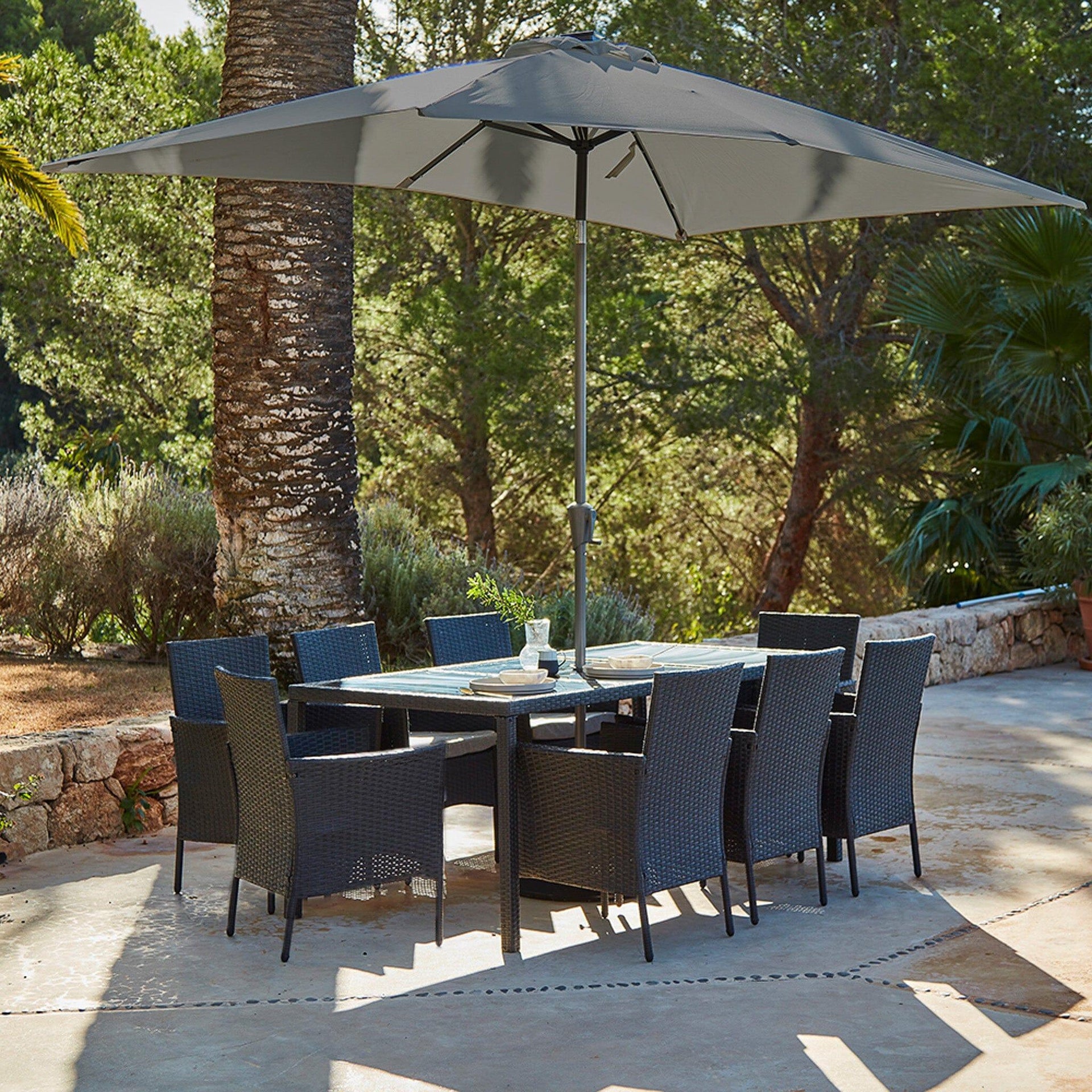 Marston 8 Seater Rattan Garden Dining Set Grey Parasol Glass Top