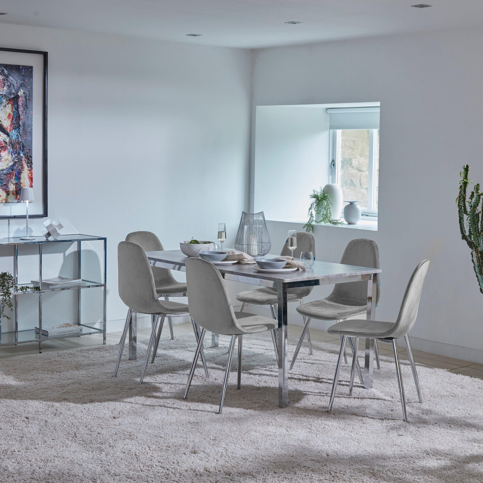 Milo Concrete Dining Table Set - 6 Seater - Ellis Grey Dining Chairs with Chrome Legs