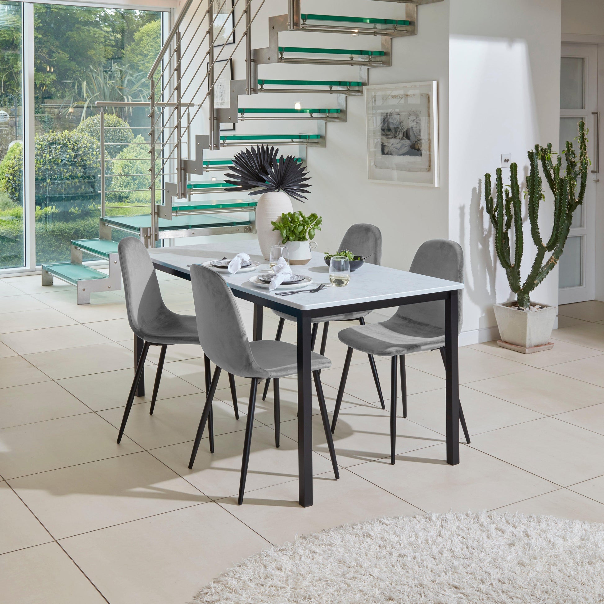 Milo Marble Dining Table Set - 4 Seater - Ellis Grey Dining Chairs with Black Legs