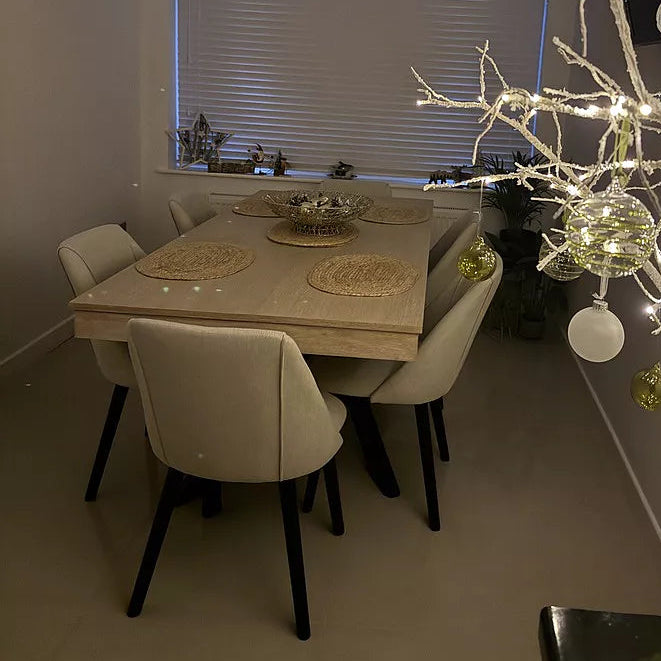 Amelia Whitewash Extendable Dining Table Set - 6 Seater - Freya Sand Dining Chairs - Black Legs - Laura James