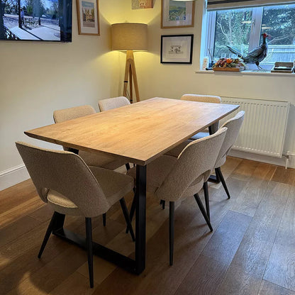 Atlas Chalked Mango Wood Dining Table Set -  6 Seater - Dolly Cream Boucle Dining Chairs - Black Legs - Laura James 