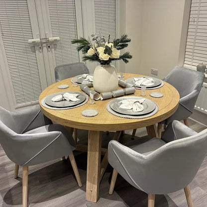 Charlotte Whitewash Round Dining Table with Freya Grey Velvet Armchairs - Set of 2 - Whitewash Oak Legs - Laura James 