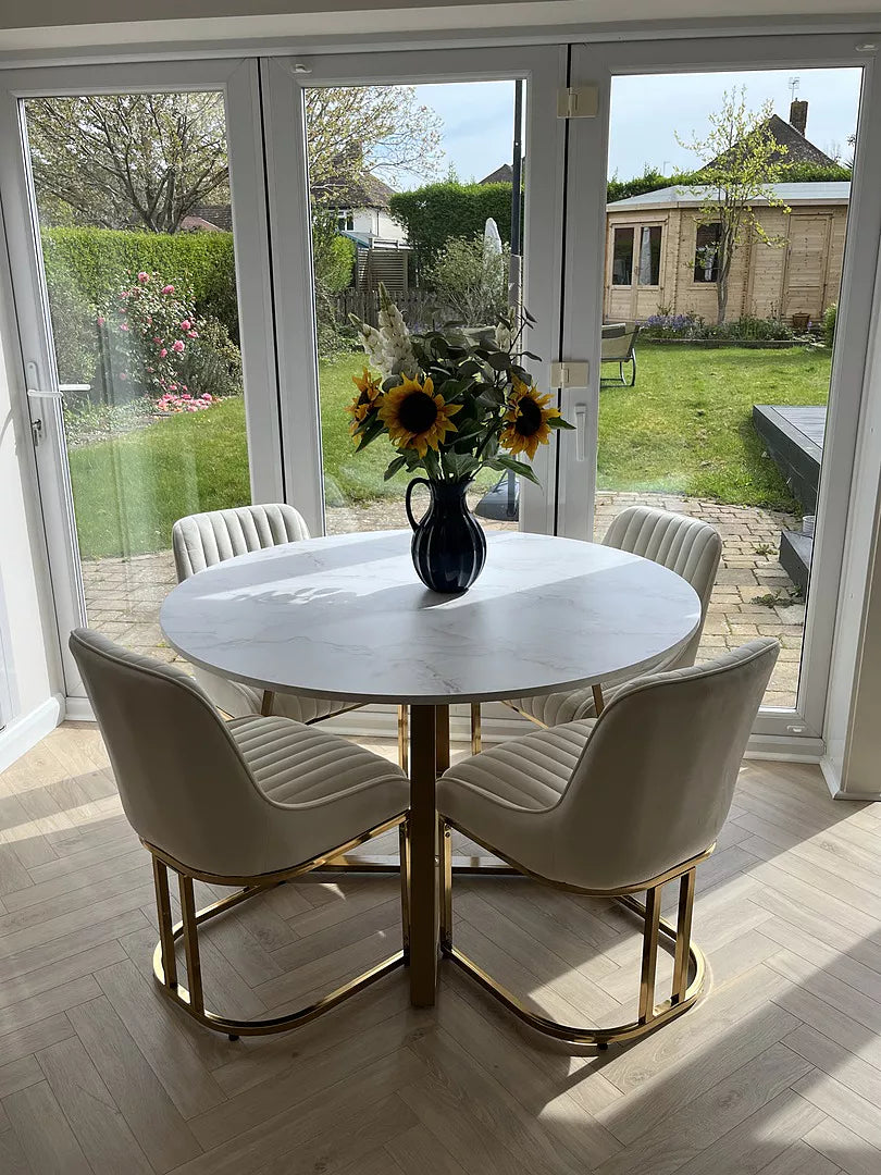 Clara Marble Effect Round Dining Table Gold Frame – Laura James