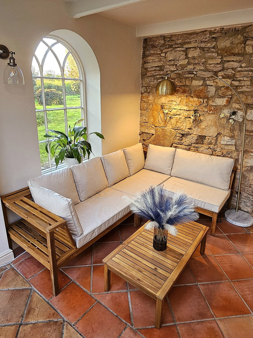 Dakota Wooden Garden Corner Sofa Set with Grey Parasol - Cream Cushions