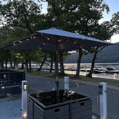 8 Seater Rattan Cube Outdoor Dining Set with Grey LED Premium Parasol - Black Weave - Laura James 