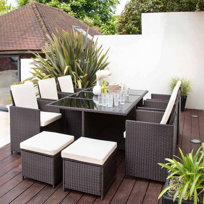 Outlet - 10 Seater Rattan Cube Outdoor Dining Set - Brown Weave - Laura James