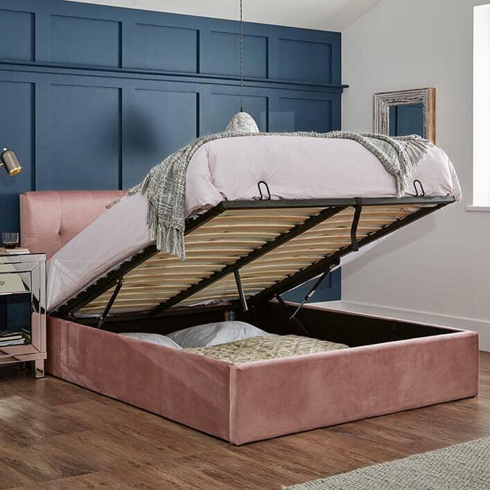 Outlet - Elle King Size Ottoman Bed - Pink Velvet- Laura James 