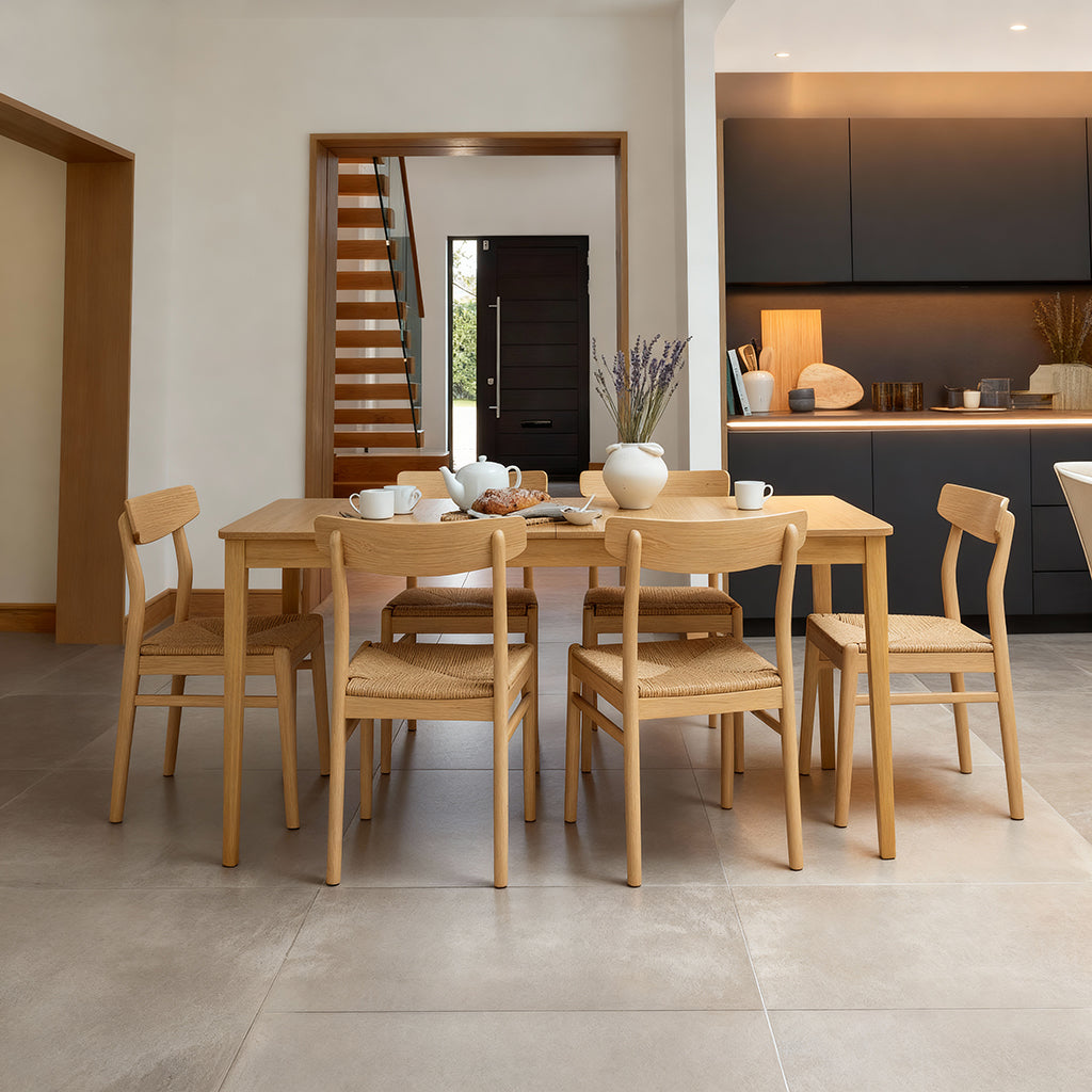 Paul Pale Oak Large  Extending Dining Table Set - 6 Seater - Faye Wooden Pale Oak Dining Chairs - Laura James 