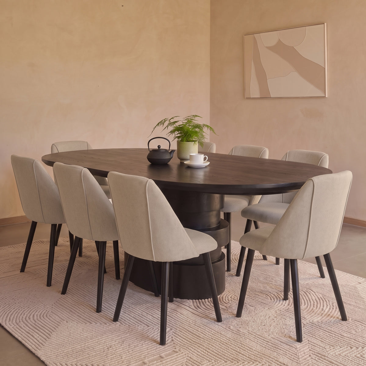 Adam 240cm Jet Black Mango Wood Oval Dining Table Set - 8 Seater - Freya Sand Dining Chair - Black Oak Legs - Laura James 
