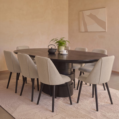 Adam 240cm Jet Black Mango Wood Oval Dining Table Set - 8 Seater - Freya Sand Dining Chair - Black Oak Legs - Laura James 