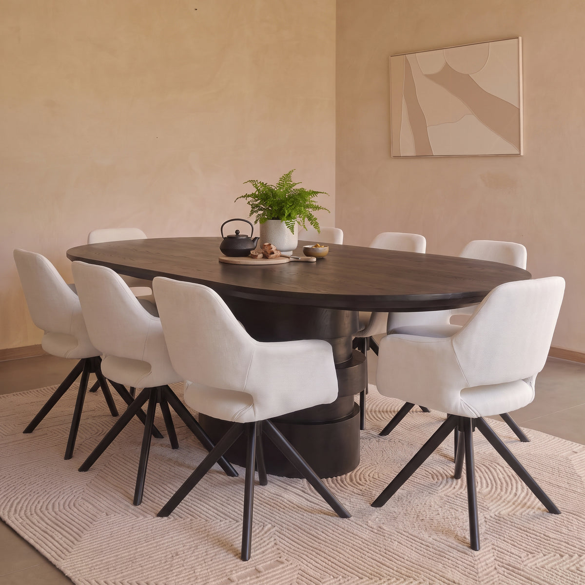 Adam 240cm Jet Black Mango Wood Oval Dining Table Set - 8 Seater - Parker Snow White Boucle Office Chairs - Black Metal Legs - Laura James 