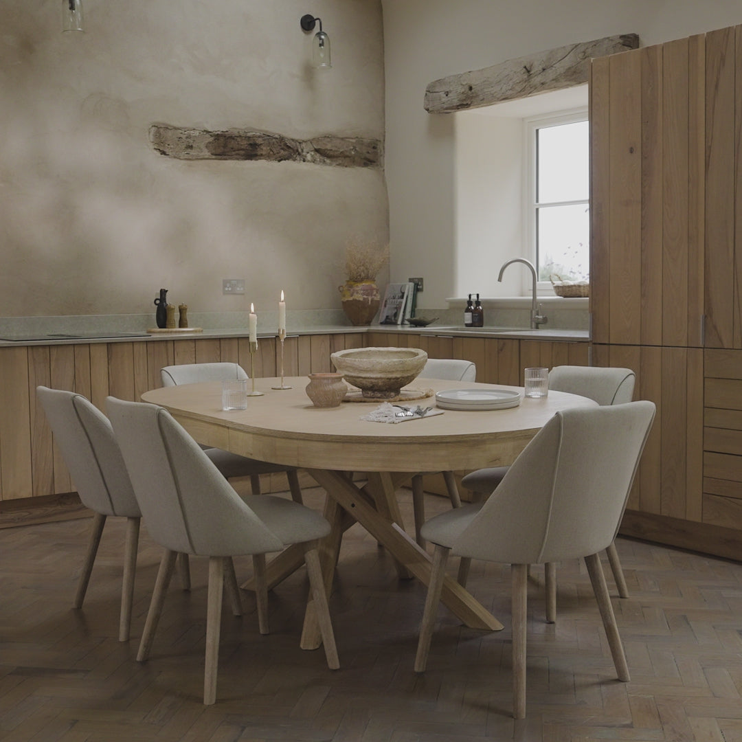Amelia Whitewash Oval Extending Dining Table Set - 6 Seater - Freya Sand Dining Chairs - Whitewash Oak Legs - Laura James 