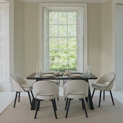 Atlas 160cm Black Marble Veneer Dining Table Set - 6 Seater - Marilyn Dining Chairs - Ivory - Black Piping & Black Legs - Laura James