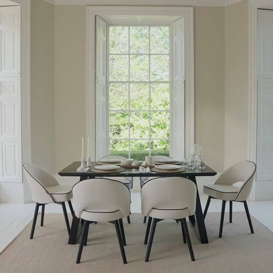 Atlas 160cm Black Marble Veneer Dining Table Set - 6 Seater - Marilyn Dining Chairs - Ivory - Black Piping & Black Legs - Laura James