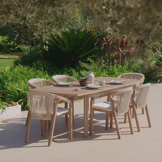 Saffron 6 Seater Extending Wooden Garden Dining Set with Shiro Beige Rope Chairs - Laura James