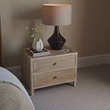 Colton 60cm 2 Drawer Bedside Table - Chalked Mango Wood & Travertine - Laura James 