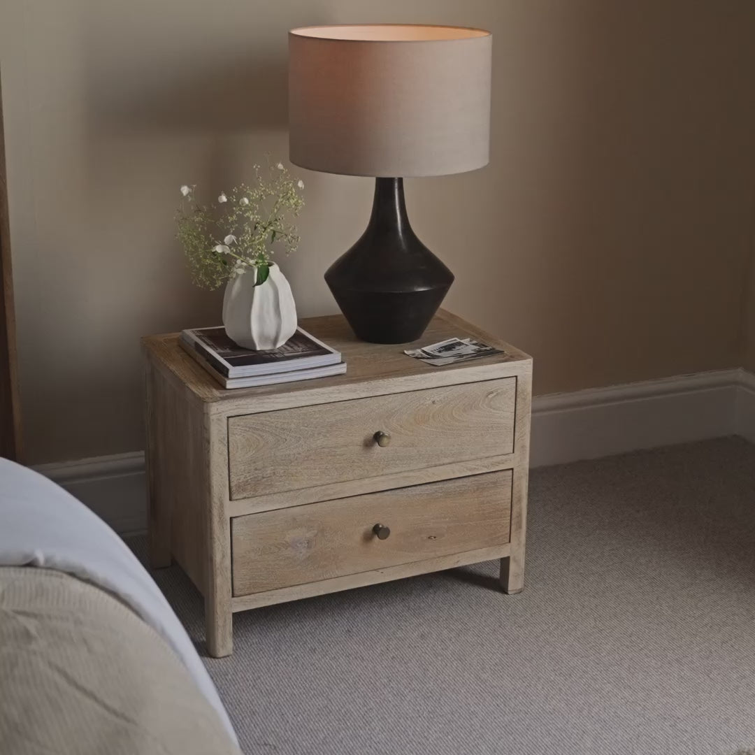 Colton 60cm 2 Drawer Bedside Table - Chalked Mango Wood & Travertine - Laura James 