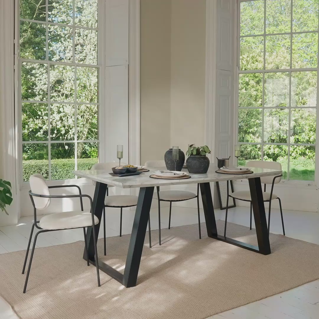 Atlas 160cm White Marble Veneer Dining Table Set - 6 Seater - Luca Dining Chairs - Light Beige - Laura James
