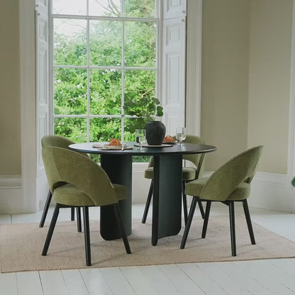 Imogen 120cm Chalked Mango Wood Round Dining Table Set  - 4 Seater - Marilyn Moss Green Dining Chairs - Black Legs - Laura James