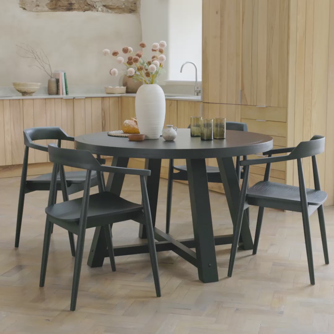 Charlotte120cmRoundDiningTable,BlackOak+4xCarterDiningArmchairBlackOak - Laura James