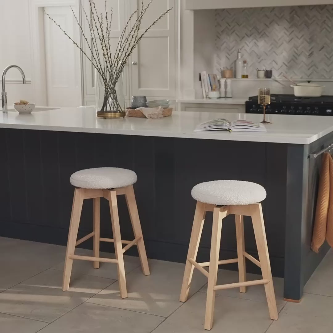 Digby Off White Boucle Swivel Backless Stools - Set of 2 - Whitewash Oak Legs - Laura James