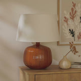 Tongham 31cm Ceramic Lamp Base - Saffron Yellow & Coningsby 40cm Cotton Lamp Shade - Snow White - Laura James