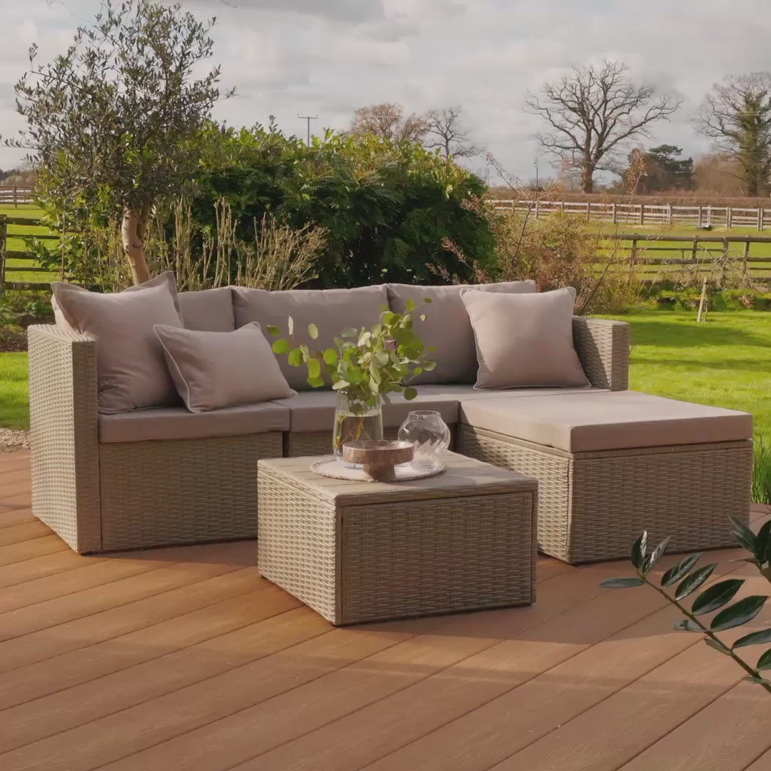 Weston 3 Seater Rattan Garden Corner Sofa Set - Light Grey with Stone Grey Cushions - Laura James