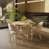 Carter Whitewash Round Dining Table with 4 Marilyn Boucle Dining Chairs with Whitewash Legs - Laura James 