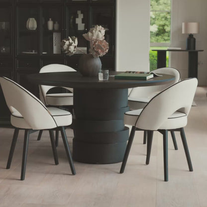 Adam 135cm Jet Black Mango Wood Round Dining Table Set - 4 Seater - Marilyn Ivory with Jet Black Piping Dining Chairs - Black Oak Legs - Laura James 