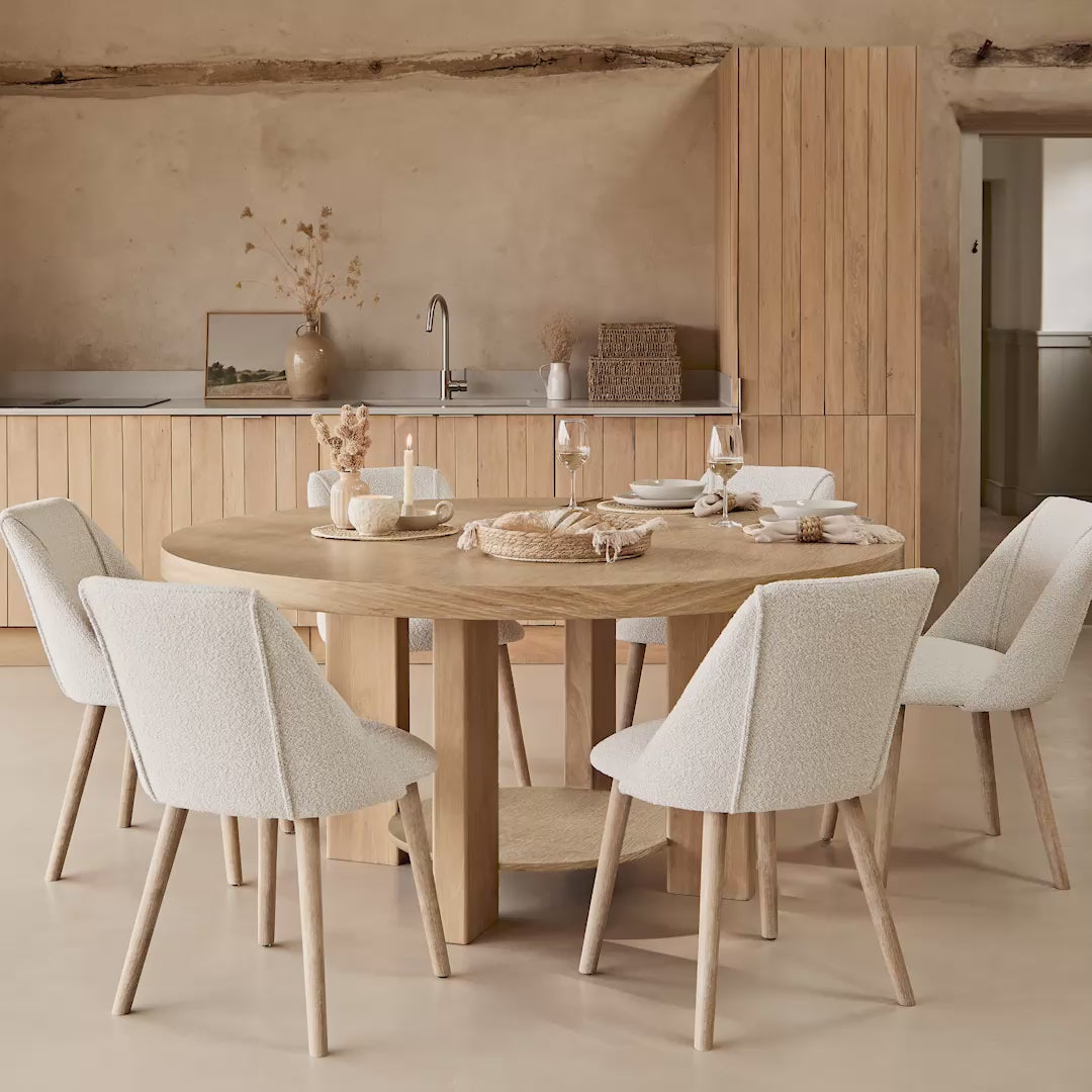 Marlon Whitewash Oak Round Dining Table Set - 6 Seater - Freya Oat Boucle Dining Chairs - Whitewash Oak Legs - Laura James 