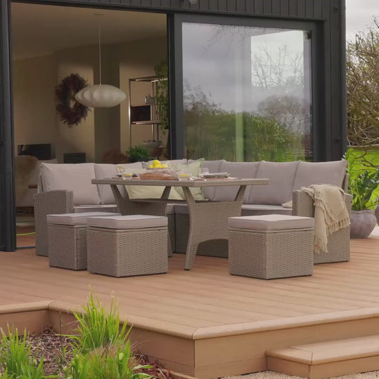 Aston 9 Seater Rattan Garden Corner Dining Set - Light Grey with Polywood Top - Laura James