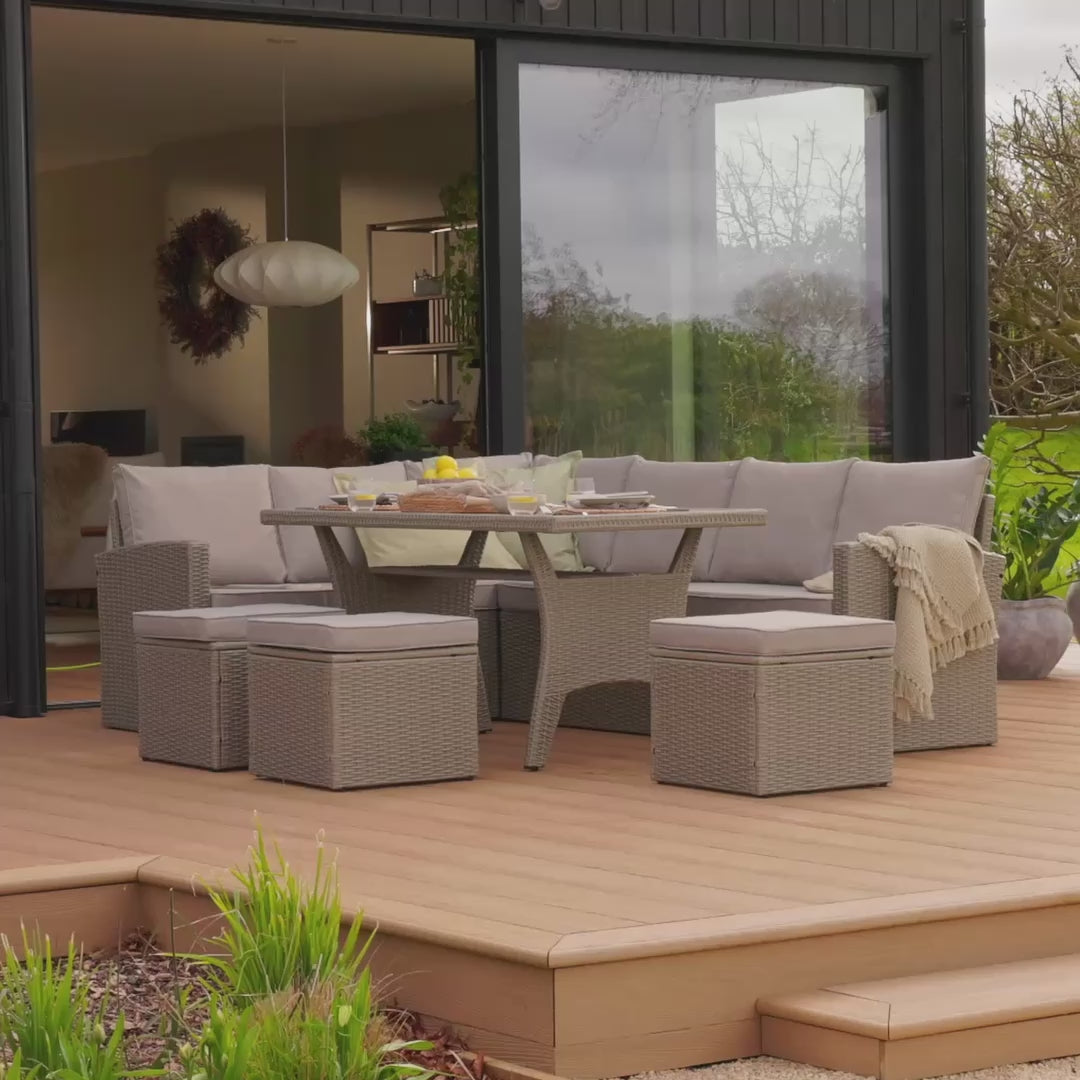 Aston 9 Seater Rattan Garden Corner Dining Set - Light Grey with Polywood Top - Laura James