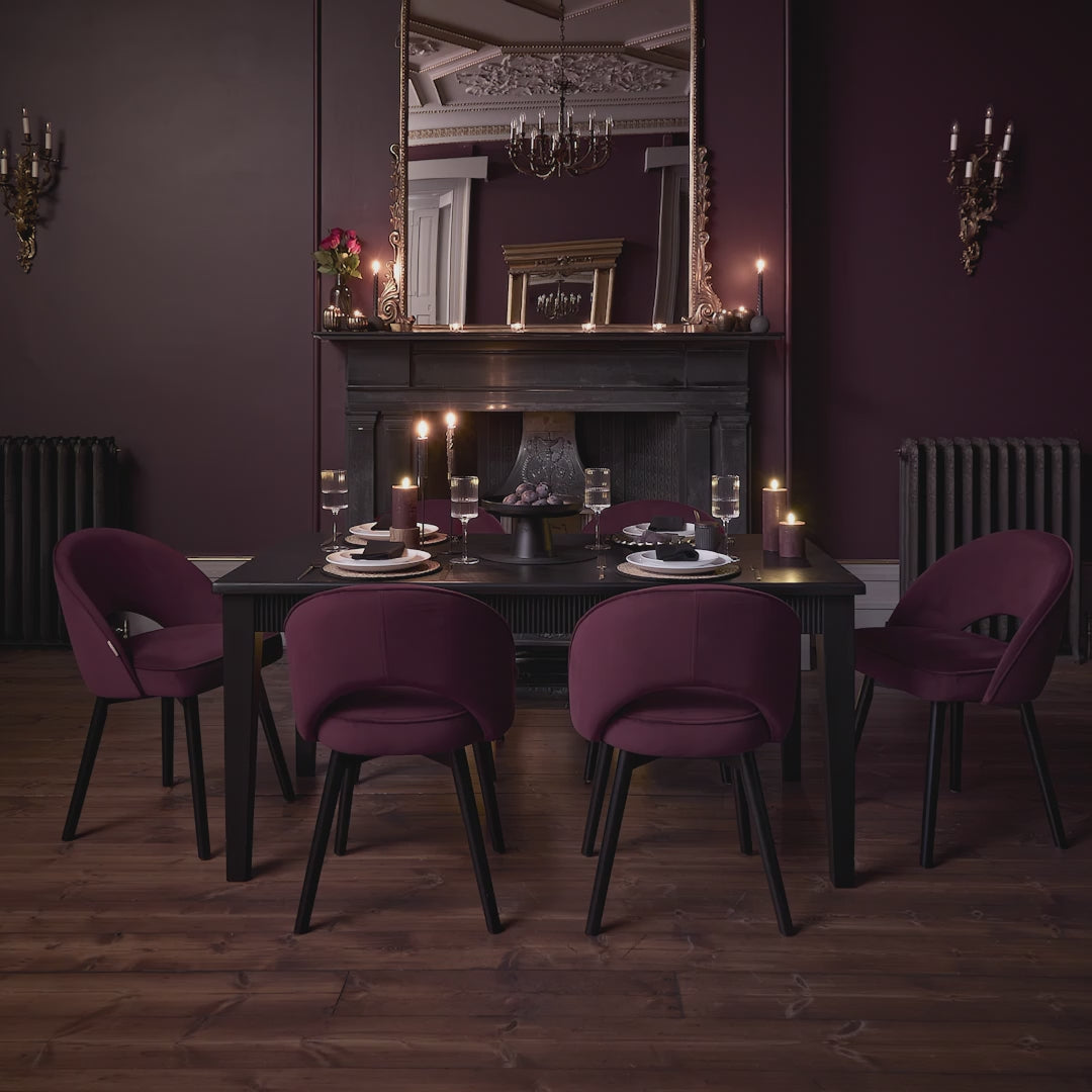 Raleigh Black Dining Table Set - 6 Seater - Marilyn  Burgundy Red Dining Chairs - Black Oak Legs - Laura James 