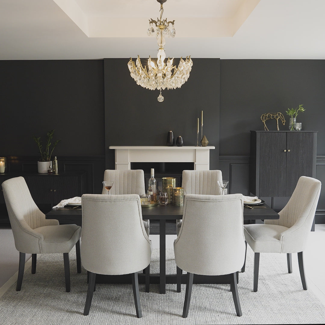 Jade Jet Black Rectangular Acacia Dining Table Set - 6 Seater - Nadine Soft Taupe Dining Chairs with Black Legs