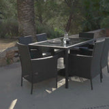 Marston 4 Seater Rattan Garden Dining Set with Cream LED Premium Parasol - Black - Glass Top