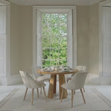 Farren 120cm Whitewash Oak Round Dining Table Set - 4 Seater - Freya Oat Boucle Dining Chairs with Whitewash Legs - Laura James