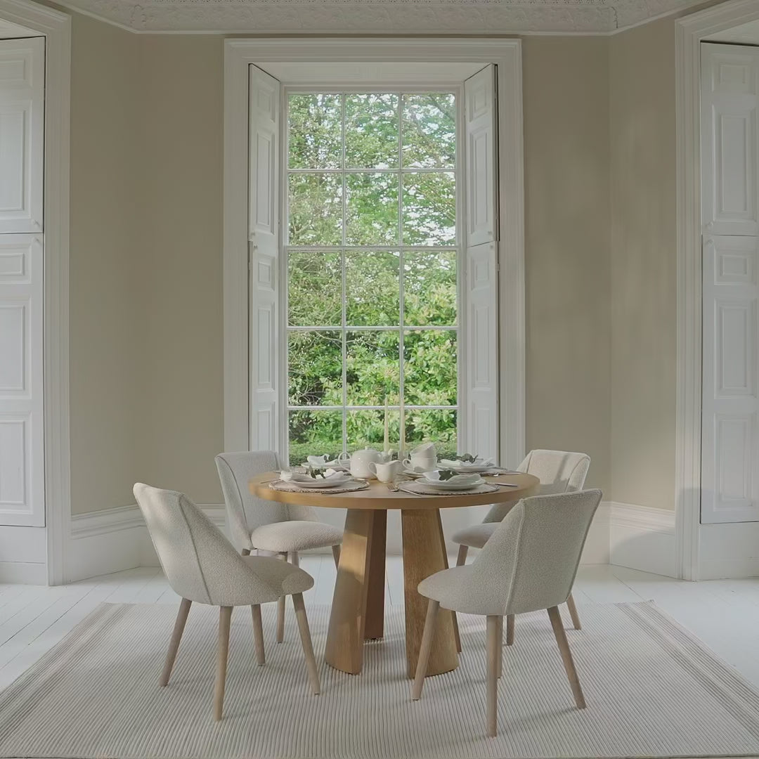 Farren 120cm Whitewash Oak Round Dining Table Set - 4 Seater - Freya Oat Boucle Dining Chairs with Whitewash Legs - Laura James