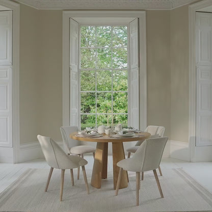 Farren 120cm Whitewash Oak Round Dining Table Set - 4 Seater - Freya Oat Boucle Dining Chairs with Whitewash Legs - Laura James