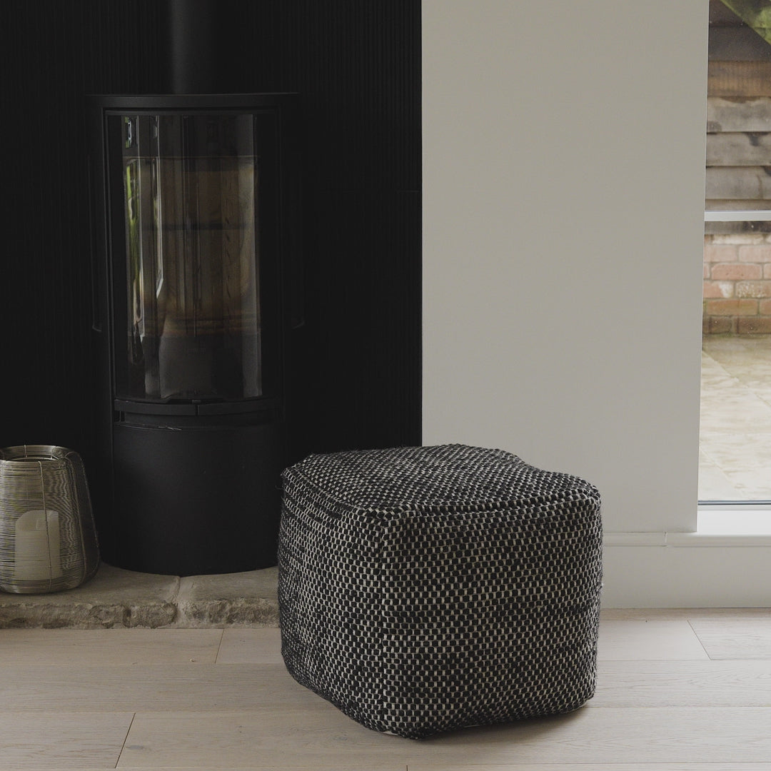 Atcham Black Wool and Cotton Ottoman Stool - Laura James

