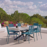 Amelia 6 Seater Pale Grey Concrete Garden Dining Set with Ryder Teal Chairs - Laura James