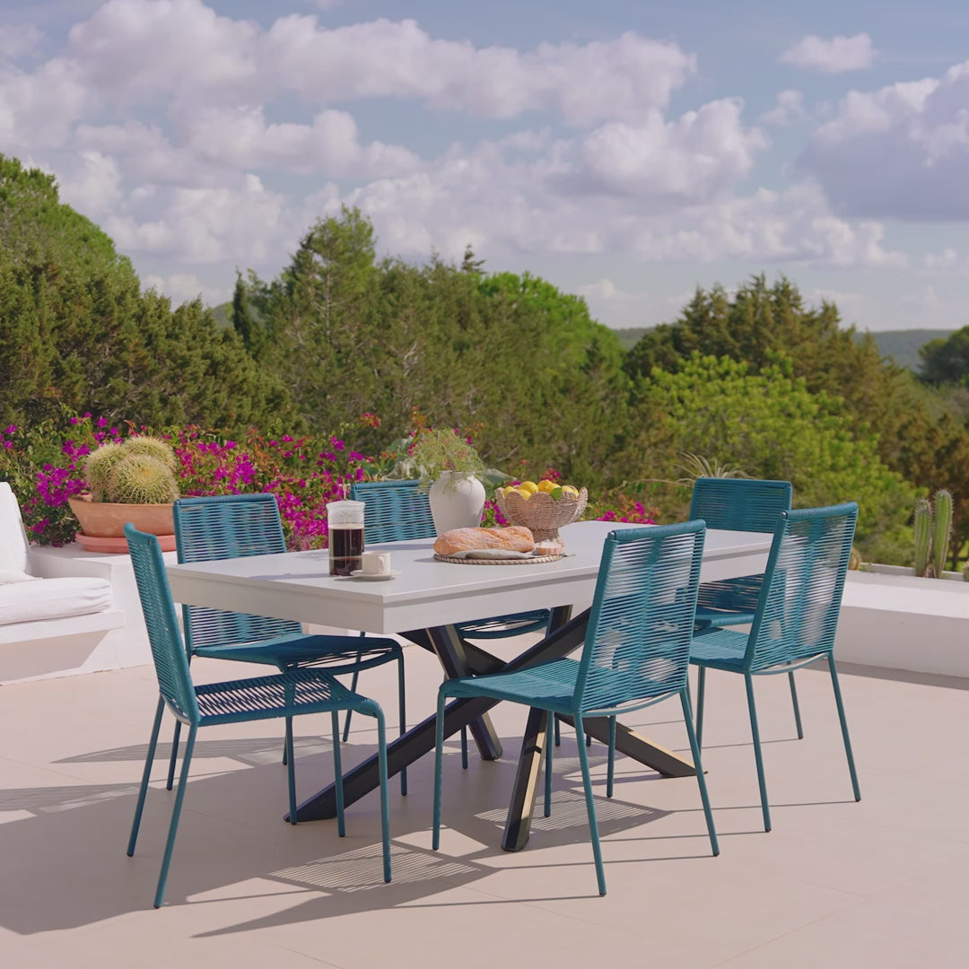 Amelia 6 Seater Pale Grey Concrete Garden Dining Set with Ryder Teal Chairs - Laura James