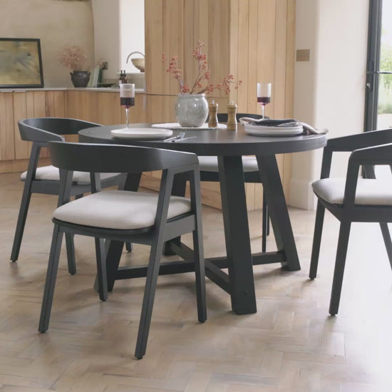 Charlotte Black Oak Round Dining Table Set - 4 Seater - Ella Black Oak Carver Chairs - Fawn Linen - Laura James 