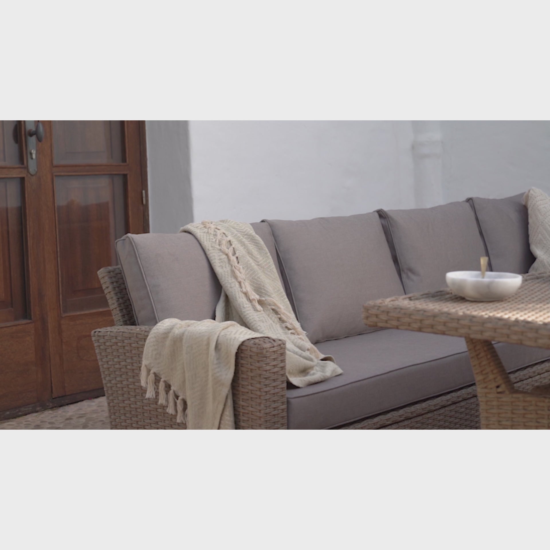 Aston 9 Seater Rattan Corner Sofa Set with parasol - Natural Brown & Grey - Laura James