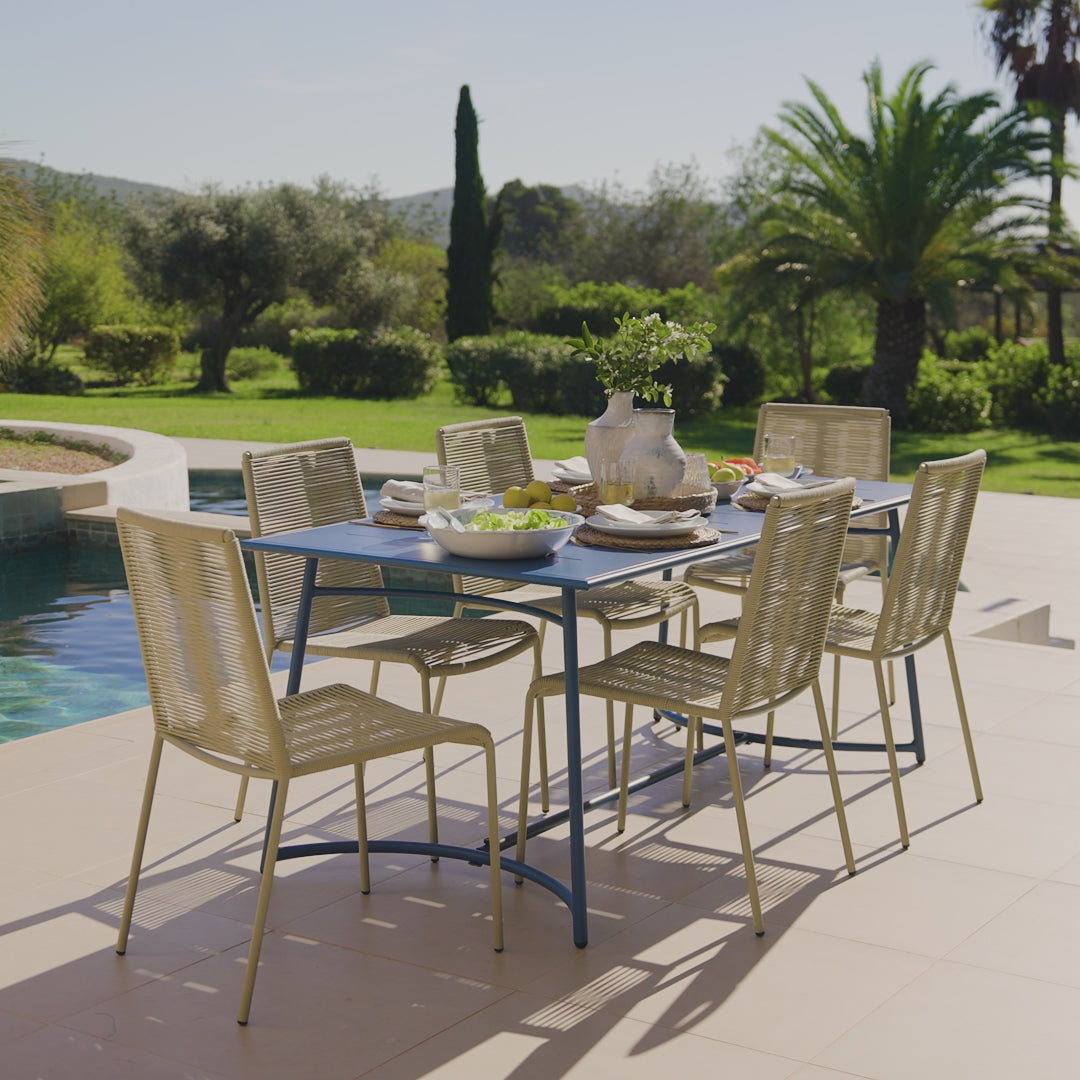 Wilder 6 Seater Blue Garden Dining Set with Ryder Clay Chairs - Laura James
